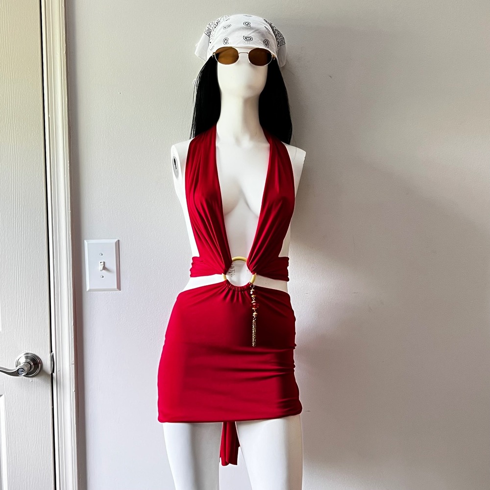 Vintage Y2K Bodycon Euro Club Red Halter Cutout Mini Dress O-Ring Tassel Large